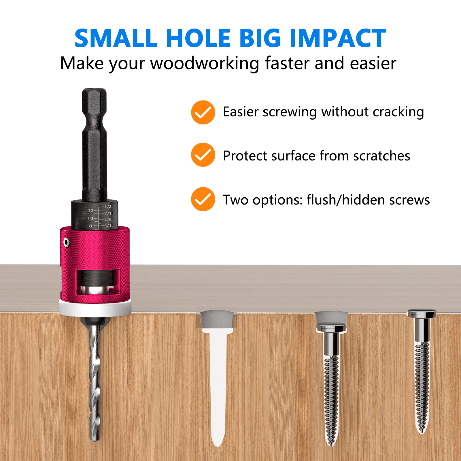 5Pcs Countersink Drill Bit Set with Adjustable Depth Stop, 1/4" Hex Shank Quick Change Drilling Tool Kit, 82° Woodworking Chamfer Bits for Wood, Plywood, MDF, Plastic