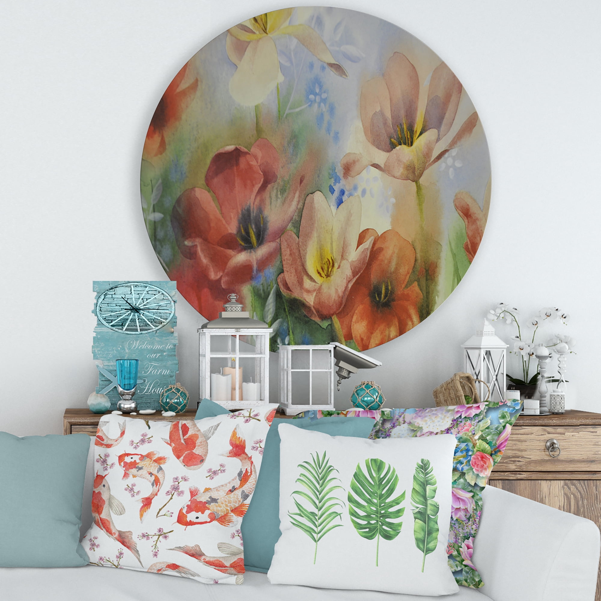 Designart 'Ancient Flowers In Dark Pastel Colours' Traditional Circle Metal Wall Art 29x29 - Disc of 29