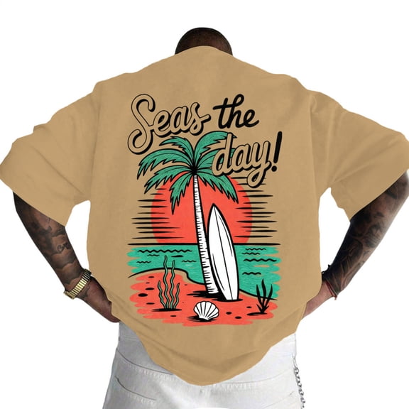 Tropical T Shirts for Men Palm Tree Seas The Day Oversized Casual Crewneck Trendy Cotton T Shirt for Travel
