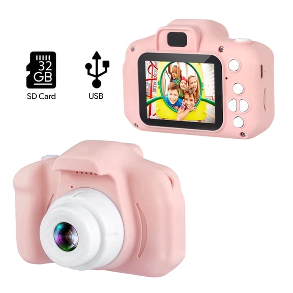 HOM Kids Camera - 1080p Digital Camera for Kids with Soft Silicone Body and Hand Strap - 32GB SD Card Included (Pink)