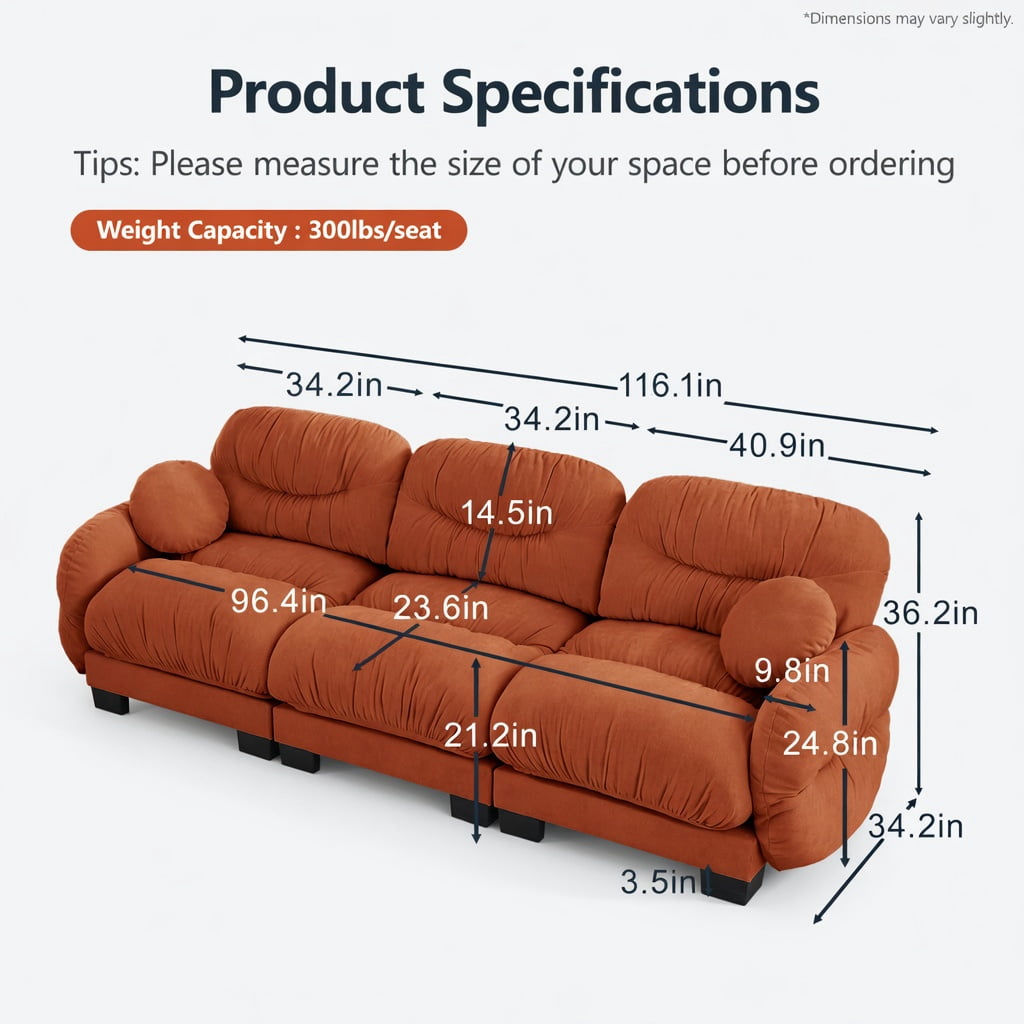 Hommoo Chenille 3-Seater Modular Sofa with Pleated Back, Ergonomic High-Density Foam & Curved Armrests, Includes 2 Round Throw Pillows, Orange