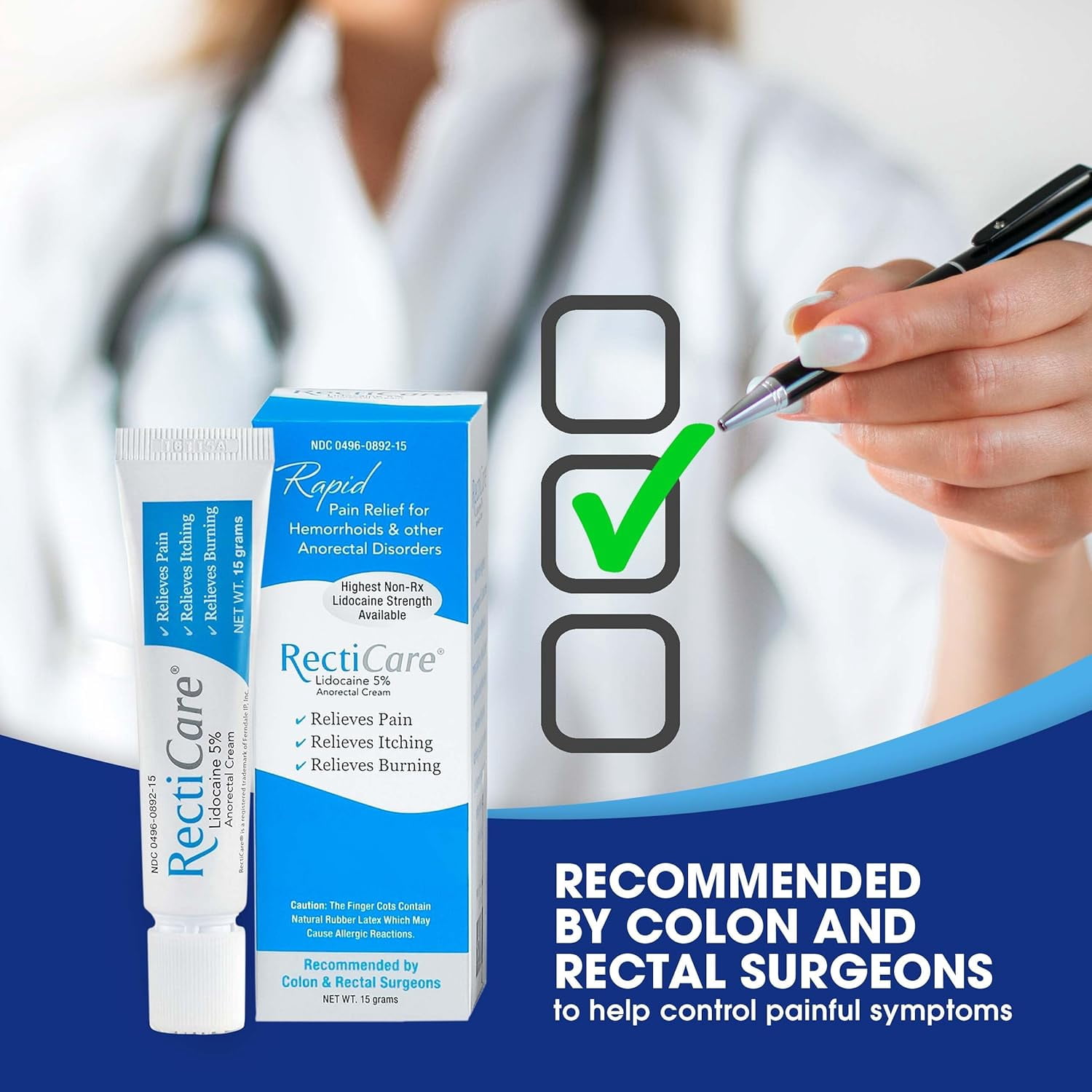 RectiCare Anorectal Cream 15g with Lidocaine 5% for Fast Pain Relief