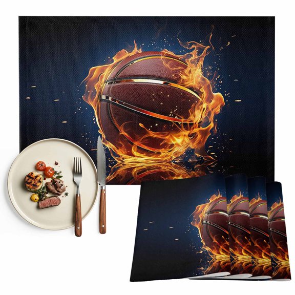 Basketball Placemats Set of 6, Sports Black Orange Washable Wipeable Table Mats for Dining Tables, Indoor Outdoor Kitchen Place Mats for Holiday Party Table Decor