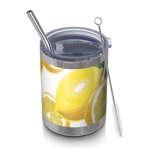 12oz Tumblers Yellow Lemon Fruit Slices White Pattern Vacuum Insulated Stainless Steel Travel Tumbler Cups Mug with Lid and Straw for Beer,Coffee,Beverages with Cleaning Brush for Cold & Hot Drinks