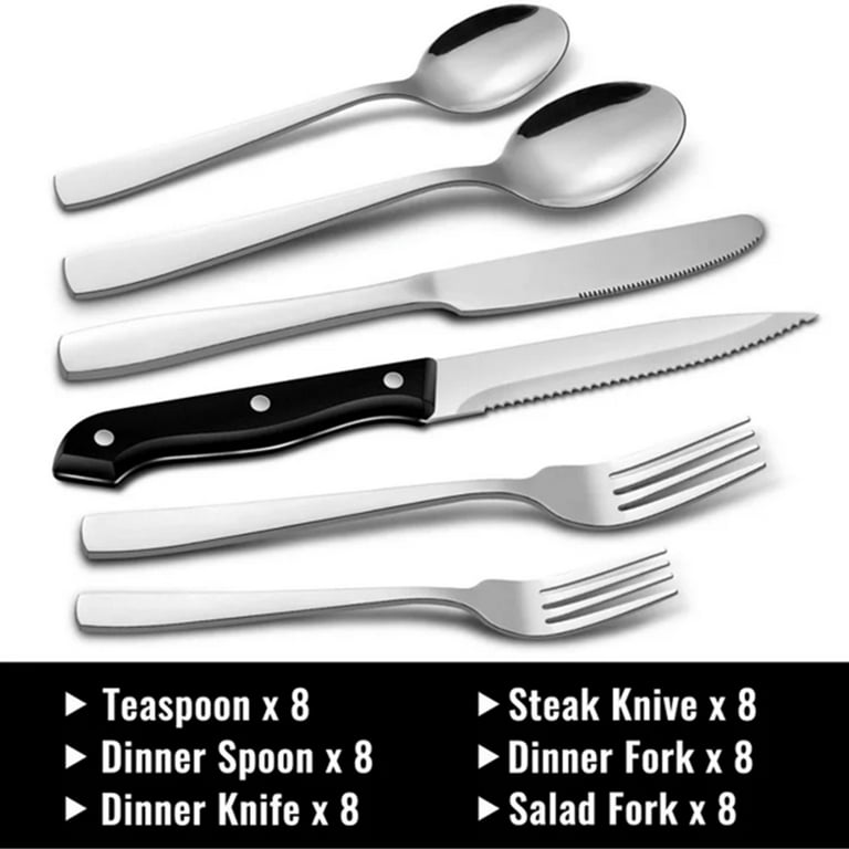 EUIRIO 48-Piece Silverware Set with Steak Knives, Black Flatware Set for 8,  Stainless Steel Cutlery Set, Knives and Forks and Spoons Sets,Unique