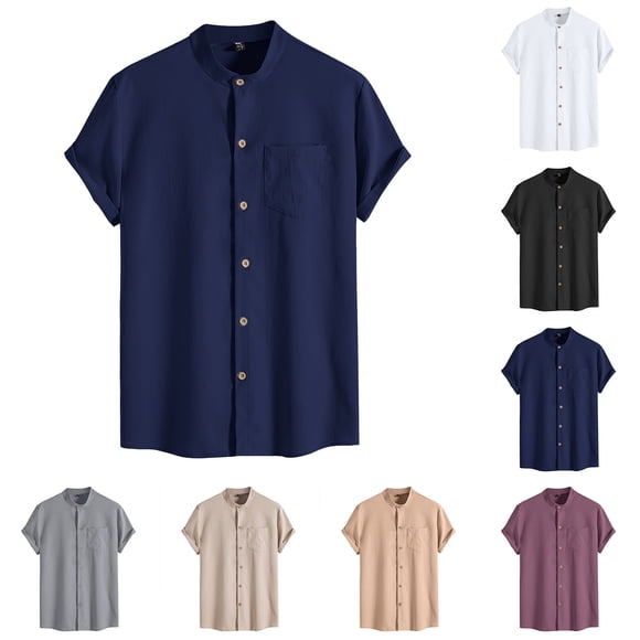 Blekii Men's Fashion Spring Summer Casual Short Sleeve Stand-Up Collar Shirt - Printed Pattern Design, Lightweight Breathable Fabric - Great for Tropical Vacation, Beach Party,
