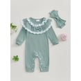 thumbnail image 2 of Suealasg Infant Baby Girls Fall Clothes Long Sleeve Ruffle Trim Full Length Jumpsuits Headband 3 6 12 Months Newborn Girls Ribbed Romper Bodysuit Headband, 2 of 7