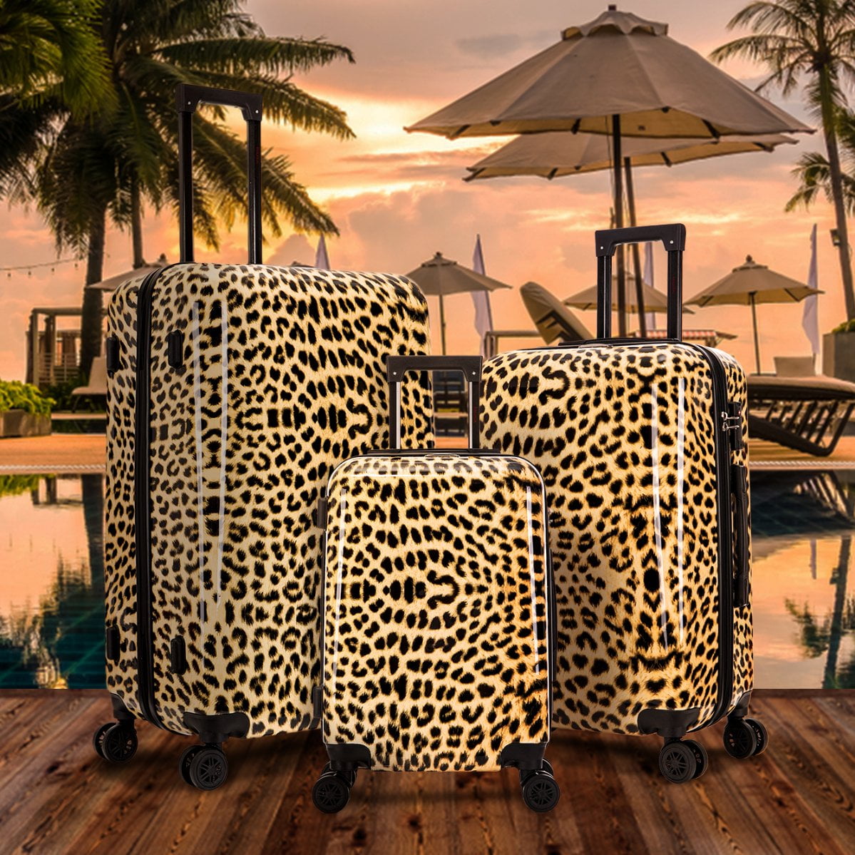 InUSA Print 3-Piece Hardside Luggage Sets with Spinner Wheels, Handle, Trolley, (20"/24"/28"), Cheetah