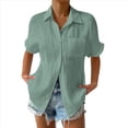 thumbnail image 1 of Camisa Estilo Boyfriend A Rayas Fruncidas para Mujer, Blusa Informal con Cuello Corto, Mangas y Botones, con Bolsillo, Verde, Talla 4XL, 1 of 7