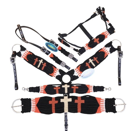 MOUSM 3 Cross Design Mohair Western Headstall Tack Set with 32&rdquo; Front Girth &ndash; Black & Orange &ndash; Complete 5-Piece Set on Argentina Leather &ndash; Antique Copper Hardware &ndash; Handcrafted