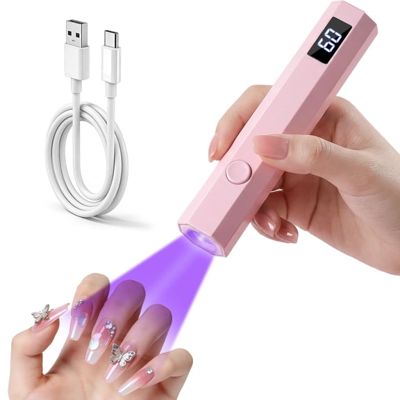 Handheld UV Nail Light with Stand, Mini Hand Held Nail Lamp with LED Display, Rechargeable Flash Cure Nail Lamp, Settings 20/60s Timer, Small Nail UV Light for Gel Nails Polish Home DIY, Pink
