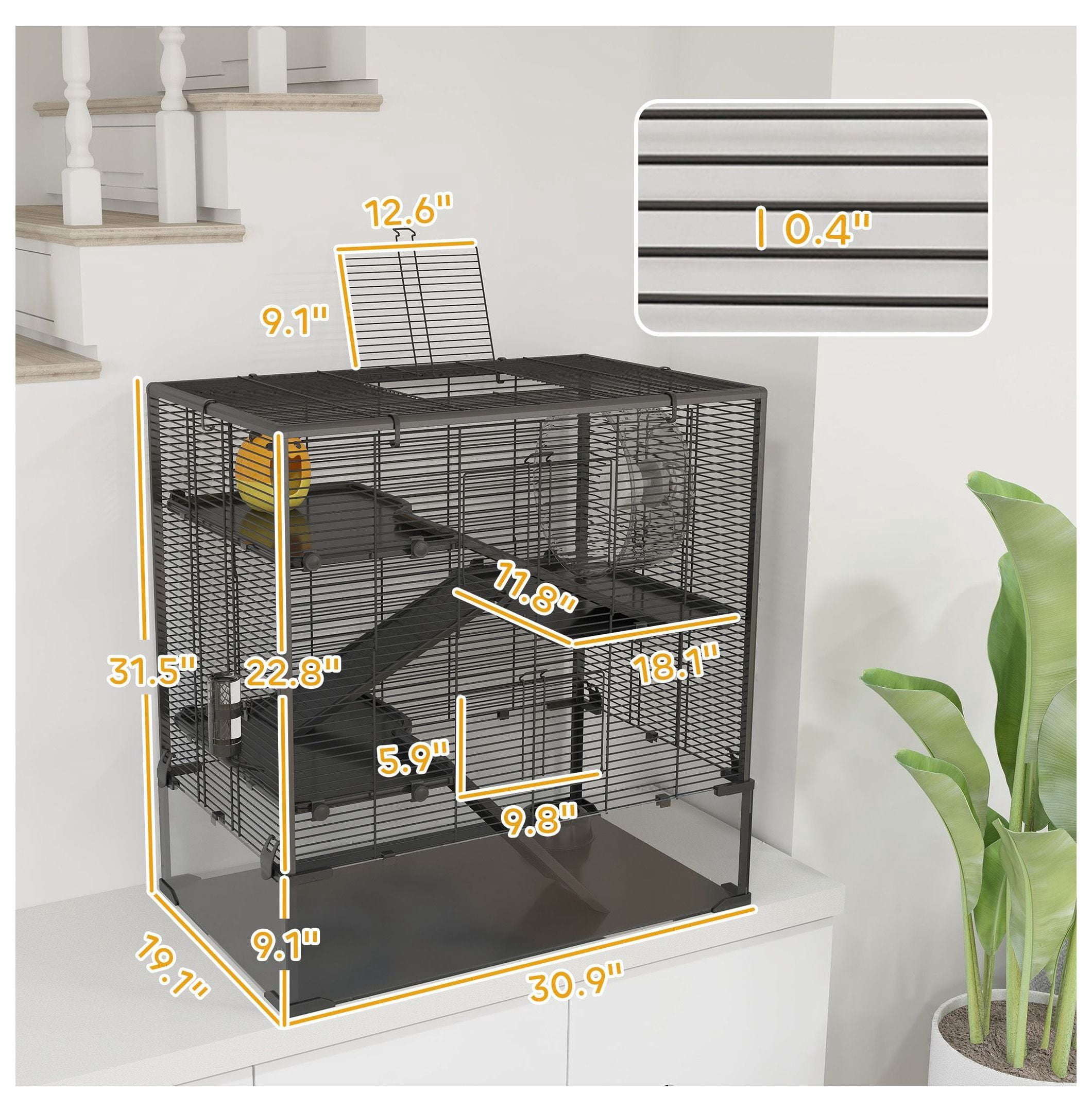 Hamster Cage 4 Tier with Deep Glass Bottom, Wheel, Hut - Rat & Gerbil Habitat