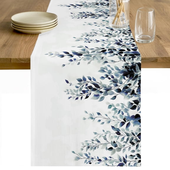 Blue Teal Eucalyptus Cotton Linen Rectangle Table Runners 13"x48", Weeping Botanical Leaf Watercolor Coffee Table Runner Dresser Scarves Luxury Table Runners for Wedding Party Banquet Dinner Decor