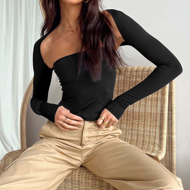 Conjunto De Camiseta Sin Mangas Camisola para mujer, camisetas sin mangas, traje de calle sexy de color sólido (negro L) Cgtredaw para Mujer Negro T L