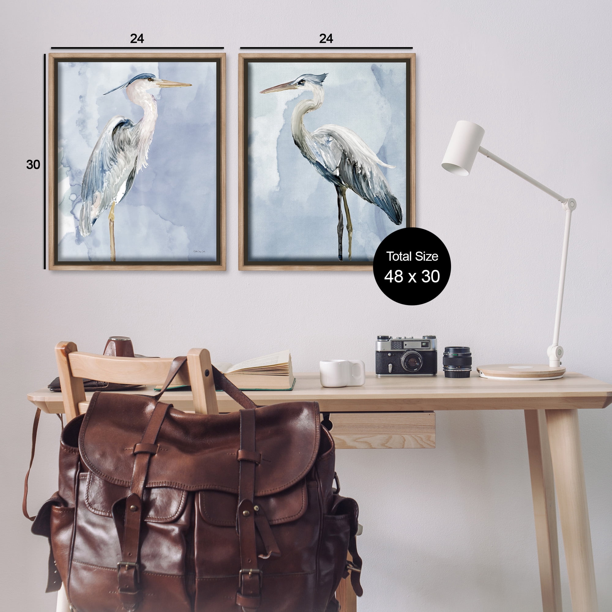 Stupell Industries Heron Birds Standing Blue Sky Animals & Insects Painting Brown Floater Framed Canvas Art Print Wall Art, 25 x 31, Set of 2
