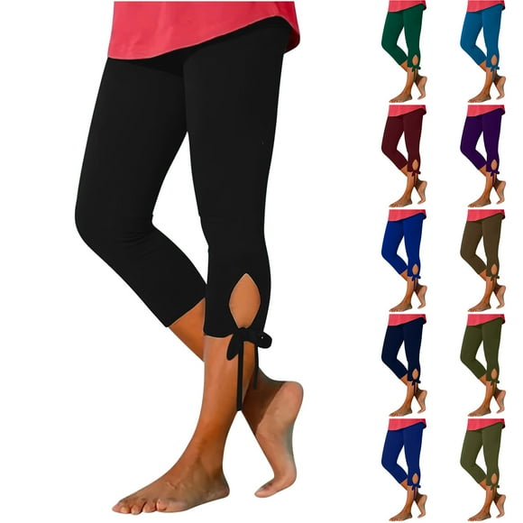 JURANMO Women's Solid Capri Legging, High Waisted Tummy Control Stretch Capri Yoga Pants Fashion Cutout with Bows Deals of the Day Purple XXXL