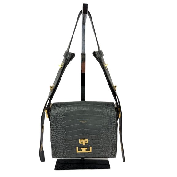 Pre-Owned Givenchy Leather Crocodile Embossed Medium Eden Storm Gray Crossbody Shoulder Bag