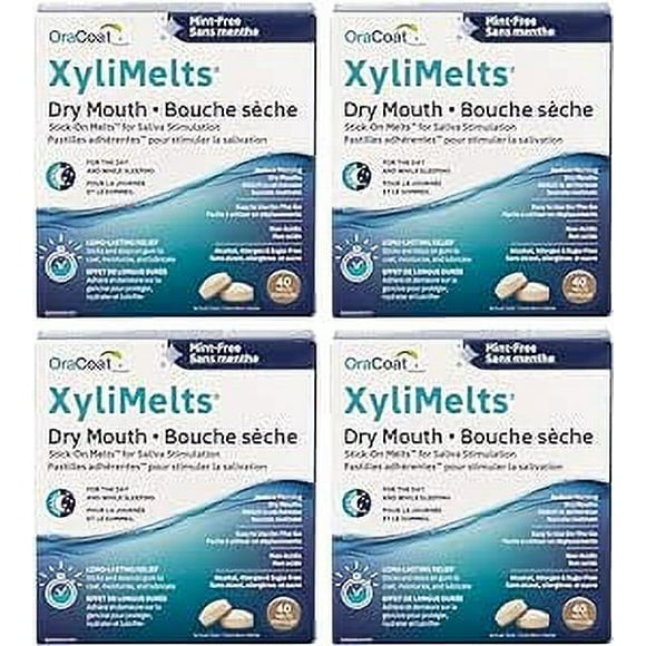 XyliMelts - Dry Mouth Product made with Xylitol - Stimulates Saliva Production Naturally - Mint Free - Value Pack of 4 x 40-Count Boxes - Sticky Time-Release Xylitol Lozenges - Canadian Version