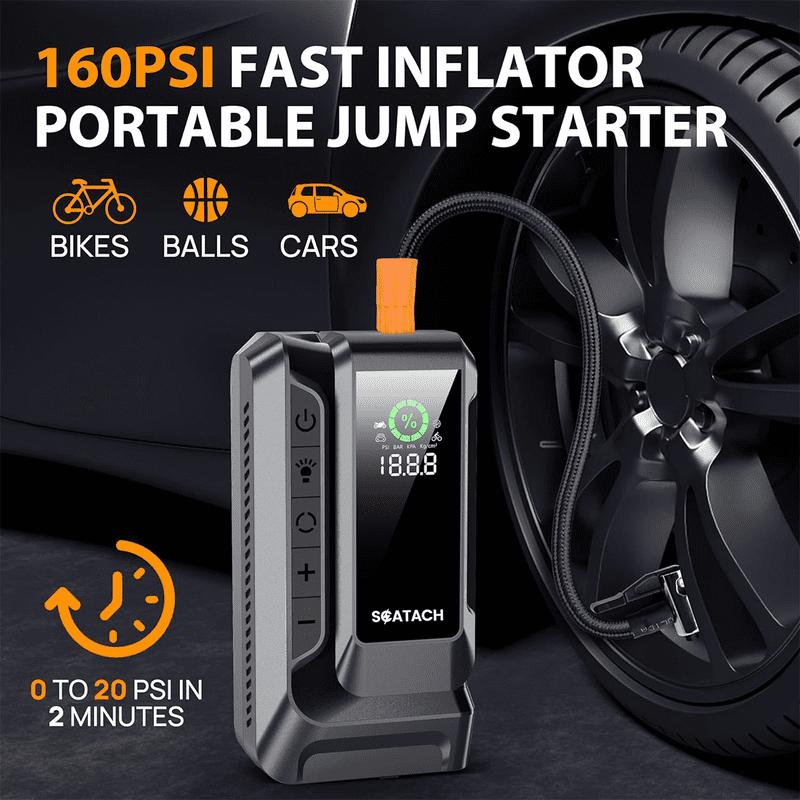 BIUBLE 6000A Car Jump Starter with Air Compressor 160PSI, Portable Jump Starter Battery Pack (14.0L Gas/12.0L Diesel, 70 Starts), QC3.0, LCD Display, 3-mode Flashlight & Jumper Cable