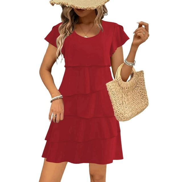 Robe Midi Élégante en Mousseline pour Femme, à Volants Superposés, Col Ras du Cou, Manches Volantées, Cocktail, Fête, Fluide, Rouge Vin, P