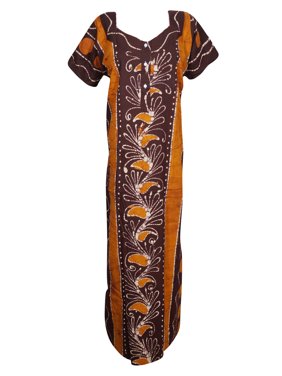 Mogul Women's Nighty Maxi Dress Brown Printed Night Wear Caftan L