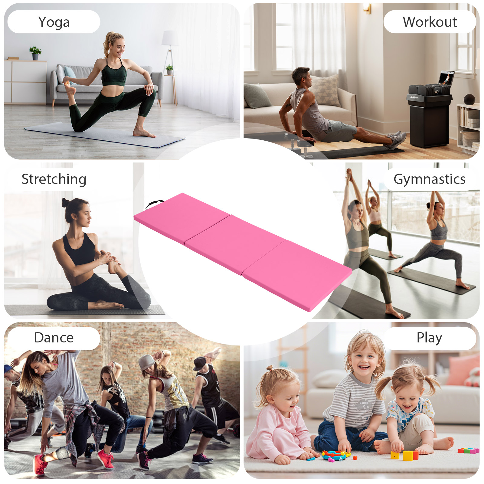 CL.HPAHKL Folding Gymnastics Mat 2'x6'x2'' Portable Lightweight Tumbling Mat for Kids Adults Yoga Home Gym Fitness, Pink
