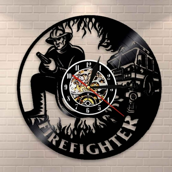 YanGxx Firefighter Wall Clock Firemen Personalised Vinyl Music Record Clock Fire Fighting Truck Clock Fire Dept Wall Decor Fireman Gift