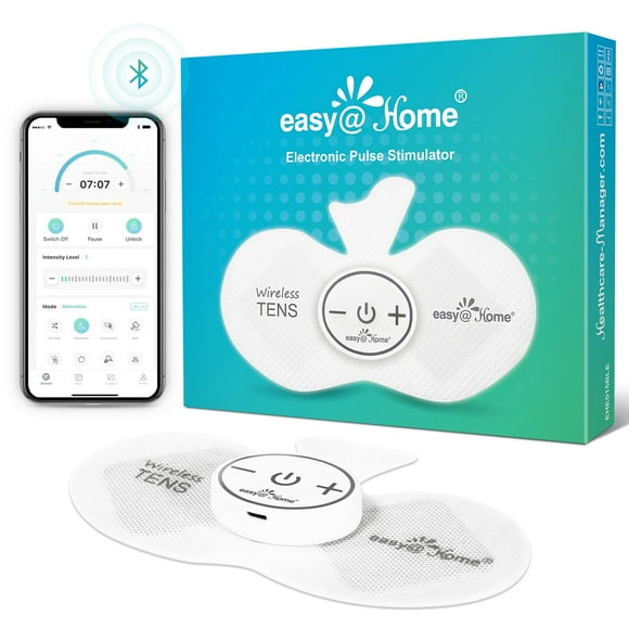 Unidad TENS inalámbrica Easy@Home con control remoto por aplicación: Masajeador y estimulador muscular para aliviar el dolor de espalda | Desarrollado con la aplicación MyPainOff para iOS y Android |