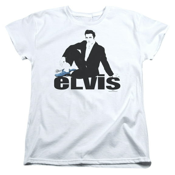 Trevco ELV571-WT-2 Elvis Presley & Blue Suede Womens Short Sleeve T-Shirt, White - Medium