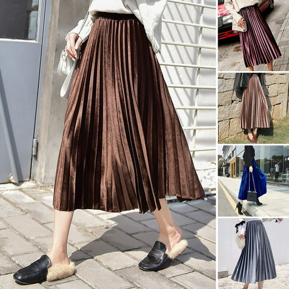 Women Midi Skirt - Elastic High Waist Solid Color Loose Fit Long Skirt Pleated Velvet Autumn Winter Skirt