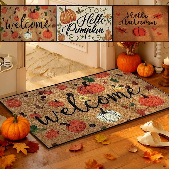 Fall Doormat Pumpkin Maple Leaves Floor Mat 15.75x23.62in Polyester Soft & Washable for Bathroom Kitchen Porch Entrance by MPOISVA