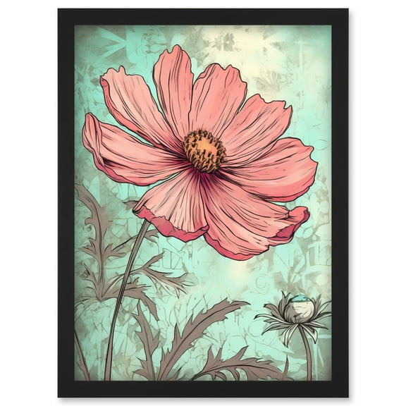 Cosmos Flower Bloom Soft Pink and Teal Watercolour Artwork Framed Wall Art Print A4