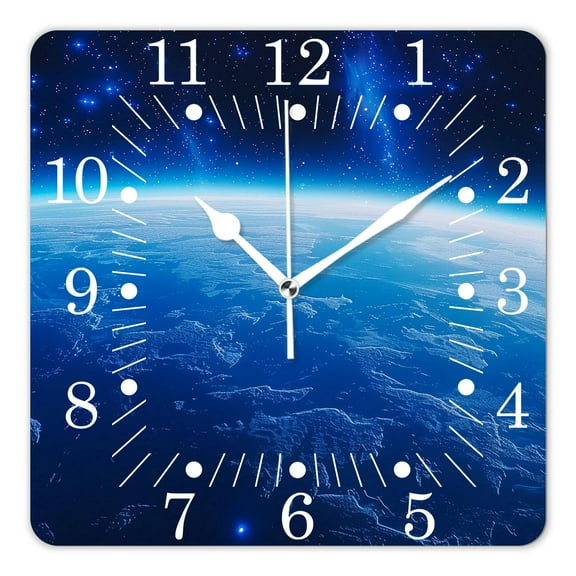 10 Inch Wall Clock Battery Operated Square Clock for Office, Kitchen, Outdoor, Living Room,Blue Shiny Earth In Space Luminous Globe Planet Solar Beautiful