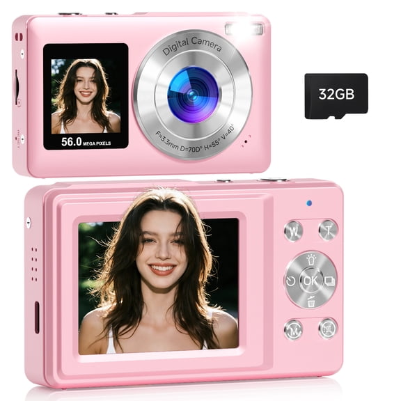 2026 Upgraded 56MP Dual Screens Digital Camera, Compact Cameras Built-in Battery with 16X Zoom Auto Focus Travel Cameras with Smile Capture 32GB SD Card Anti Shake for Kids Teens(Pink)
