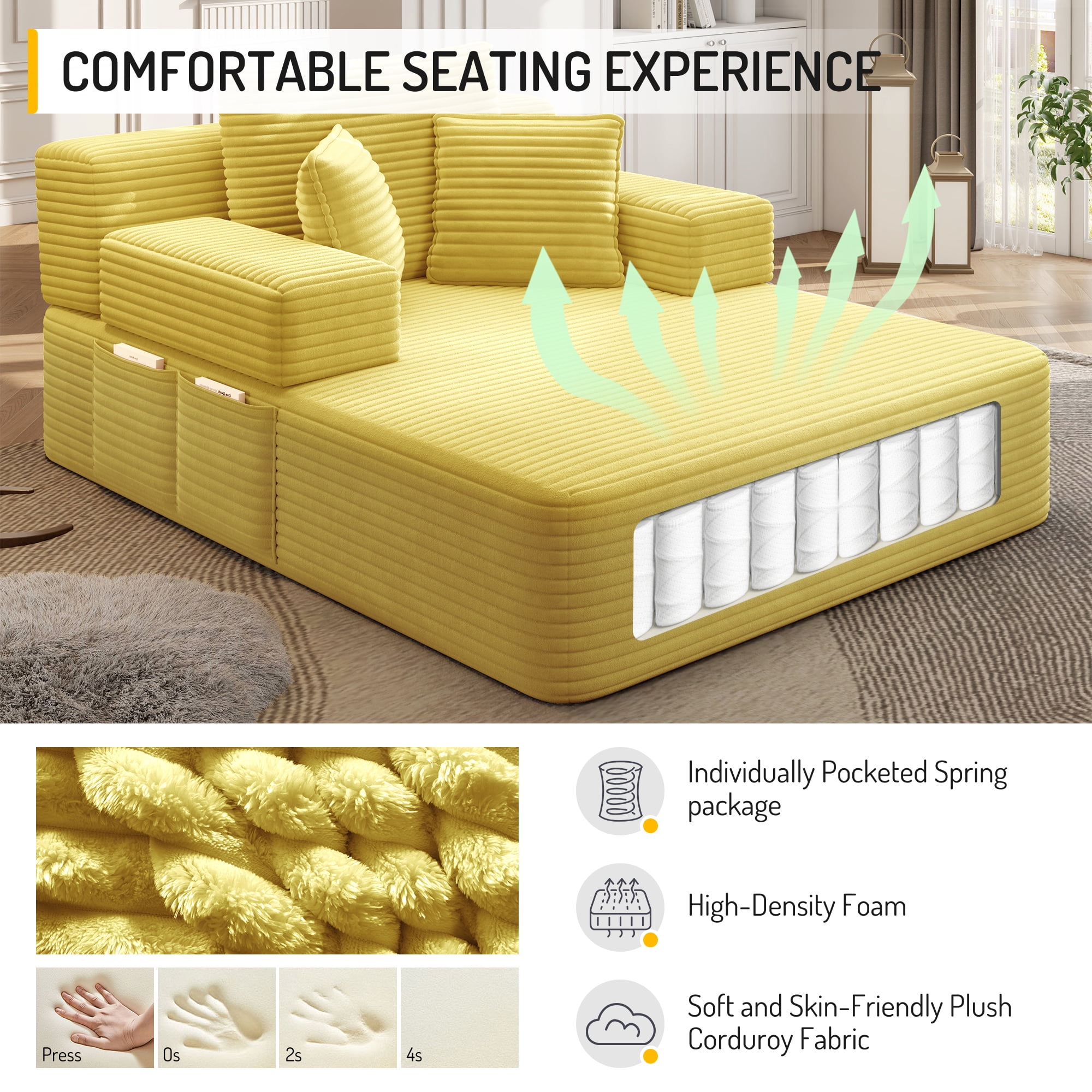 Anpport 60.2" Plush Corduroy Chaise Lounge, Frameless Convertible Sleeper Sofa Bed with Storage Pockets, 3 Soft Pillows, No Assembly, Yellow