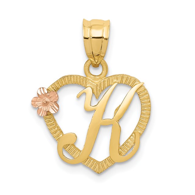 14k Yellow Gold Two Tone Heart Dainty Letter K Initial Name Monogram Necklace Charm Pendant Love