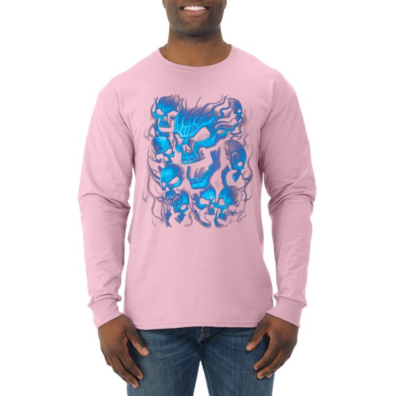 3D Blue Skulls Trendy | Mens Fashion Long Sleeve T-Shirt, Light Pink, 3XL