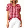 thumbnail image 3 of Qgtaibl Women's Puff Short Sleeve Plaid T-Shirts Ruffle V Neck Buttons Shirts Summer Casual Vacation Tee Tops Red S, 3 of 4