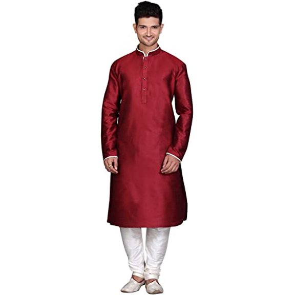 Royal Kurta Men's Dupion Silk Contrast Piping Kurta Churidar Red