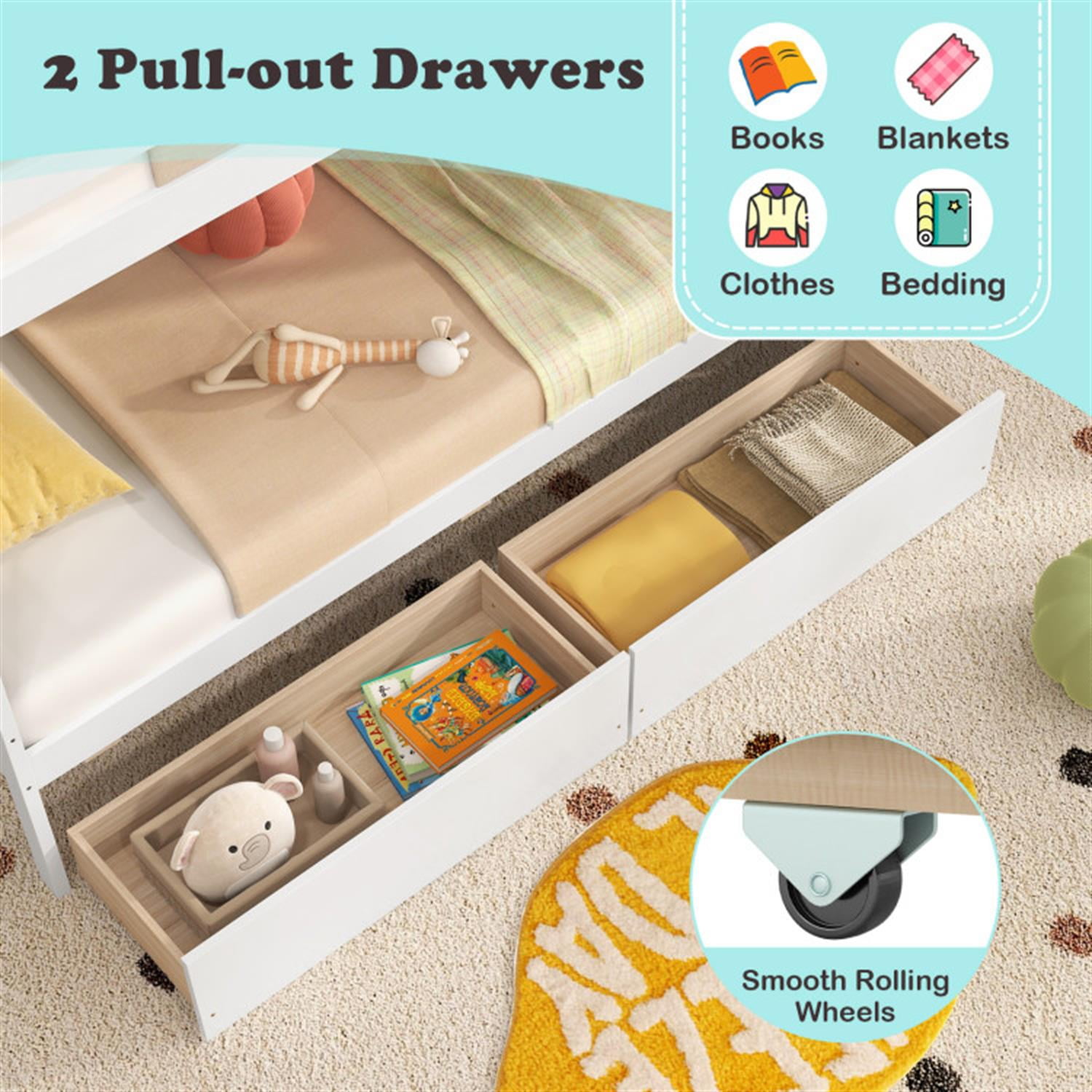 Demi Bonn Twin Over Twin Bunk Bed with Storage Stairs and Drawers, Solid Wood Bunkbeds Frame for Bedroom, No Box Spring Needed, White