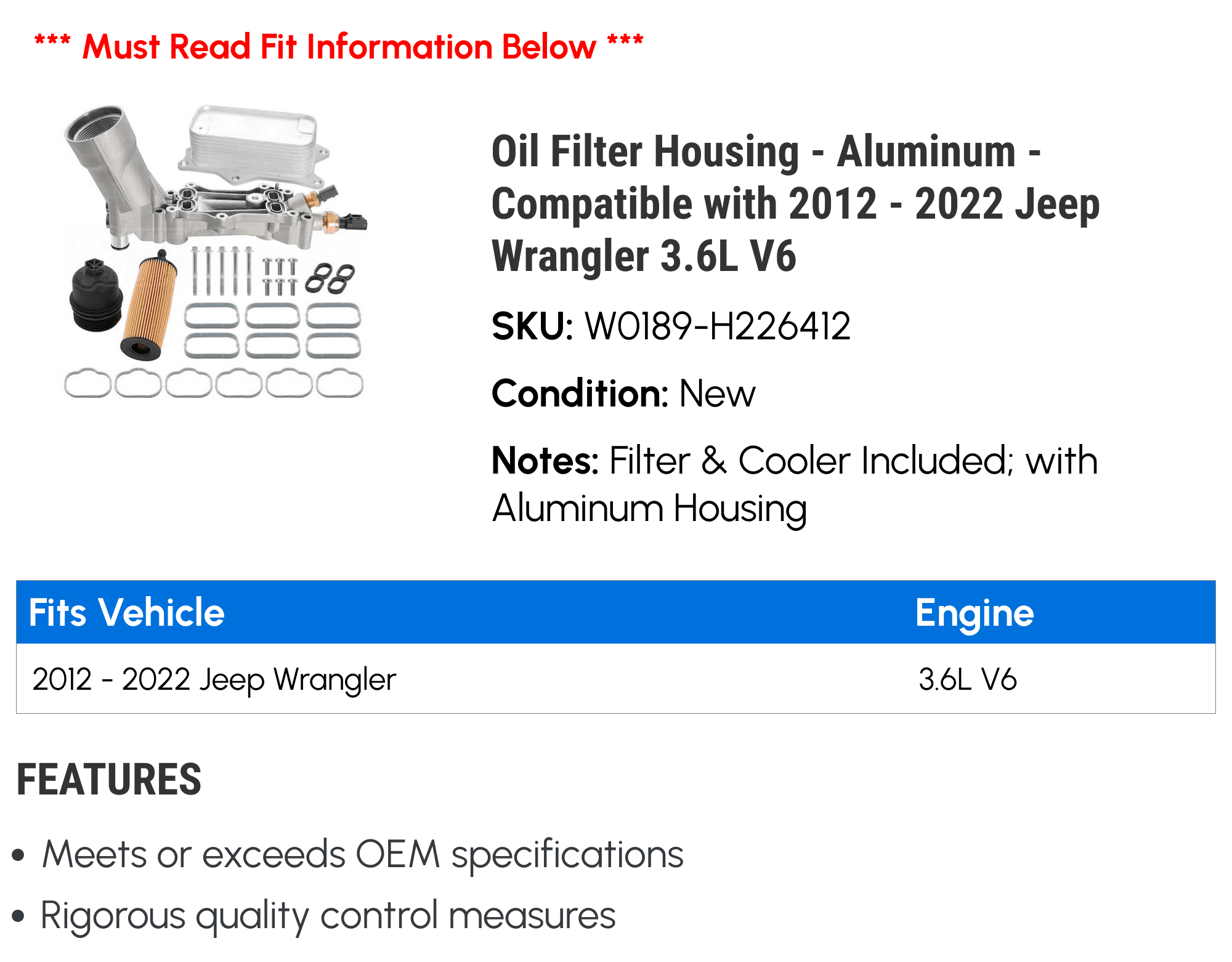 Oil Filter Housing - Aluminum - Compatible with 2012 - 2022 Jeep Wrangler 3.6L V6 2013 2014 2015 2016 2017 2018 2019 2020 2021