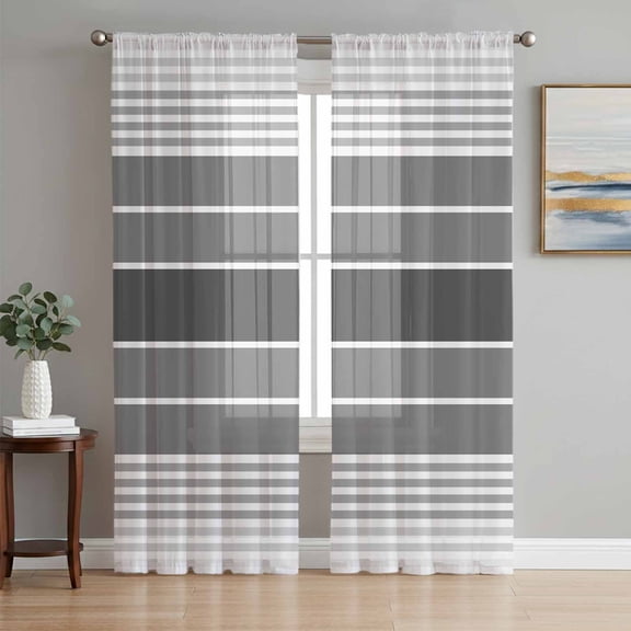 Gradient Grey Striped Semi Sheer Curtains 72 Inch Length 2 Panels Set, Simple Farm Stripes Minimalist Sheer Kitchen Curtain Privacy Voile Window Curtain for Living Room Bedroom Rod Pocket Drapes