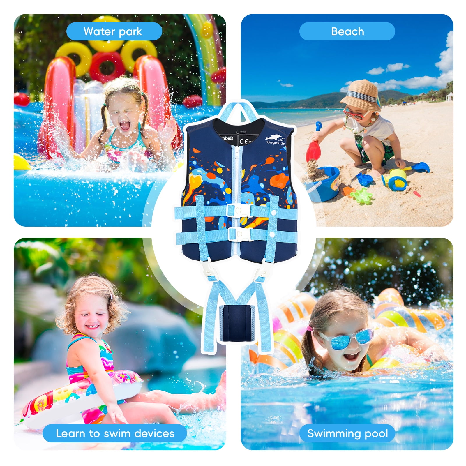 Gogokids Kids Life Jacket Swim Vest with Adjustable Safety Strap,Toddler Float Jacket Boys and Girls Float Swimsuit Buoyancy Swimwear