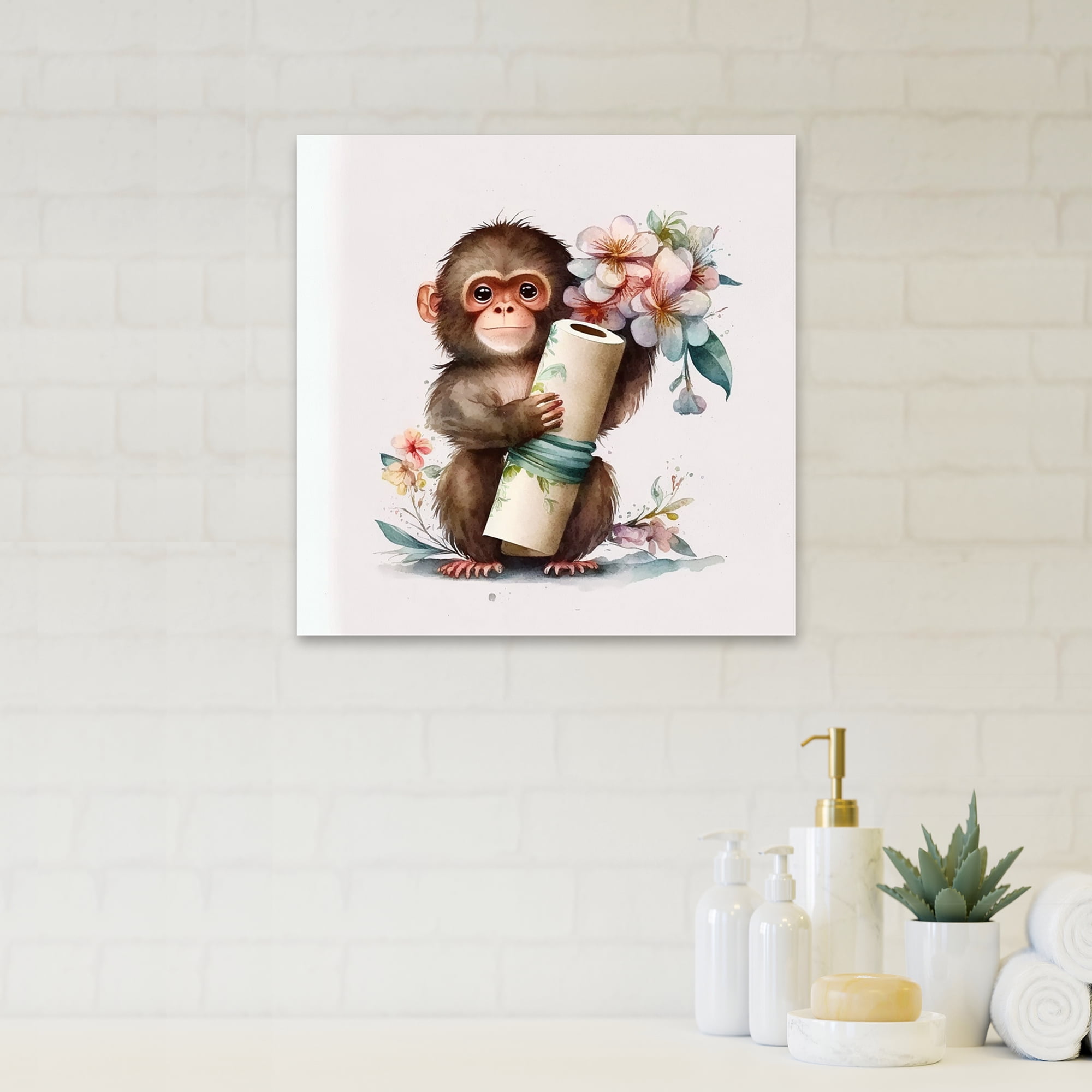 Designart Monkey With Roll Of Toilet Paper And Flowers Canvas Wall Art