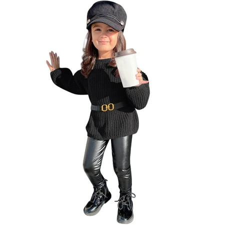 

Zlekejiko Toddler Kids Baby Girls Long Sleeve Crewneck Knit T Shirt Tops PU Leather Pants Leggings With Belt Outfits Clothes Set