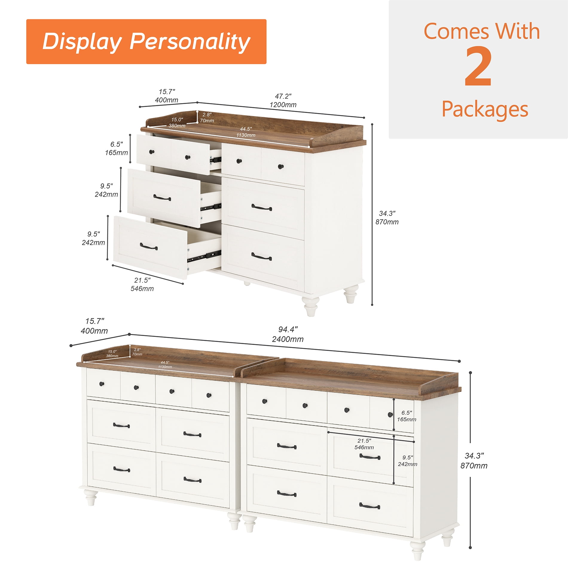 Set of 2 Dressers with 12 Drawers, Wooden Kids Dresser for Kids Room Living Room, White