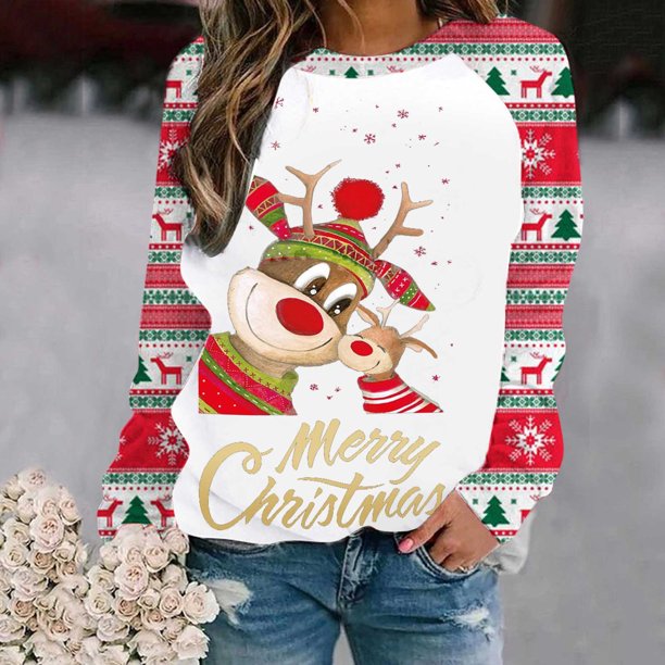 Pntutb - Sudadera con estampado navideño de manga larga para mujer, informal, a la moda, blusa Pntutb Pntutb-8962