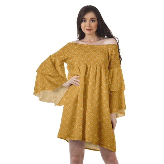Moomaya Mustard Yellow Womens Off Shoulder Summer Beach Dress Cotton Vacation Dress With Bell Sleeves - 2XL
