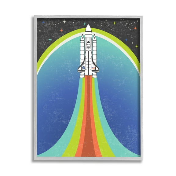 Stupell Industries Rocket Ship Taking Off Outer Space Striped Pattern Framed Wall Art, 16 x 20, Design by Caroline Alfreds