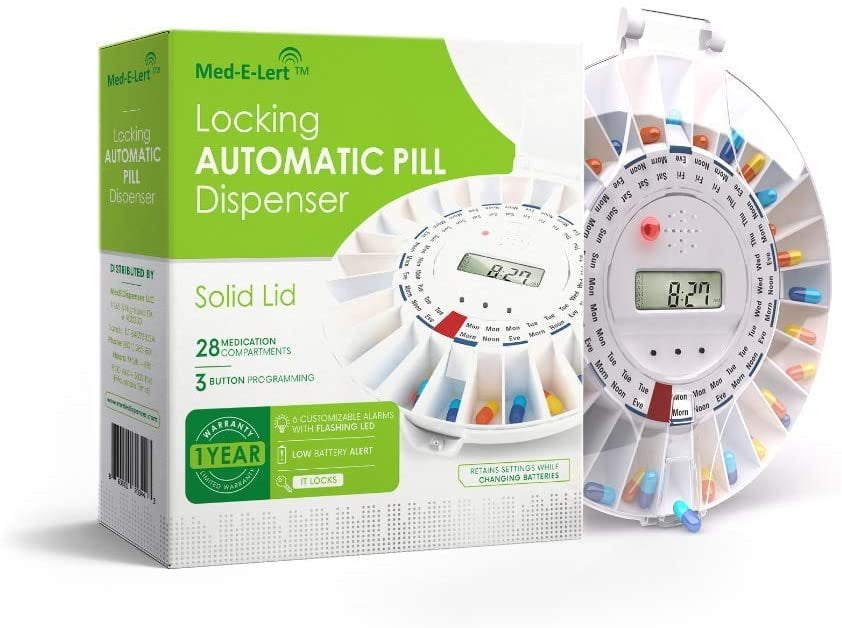 MedELert Premium Locking Automatic Pill Dispenser with Solid White
